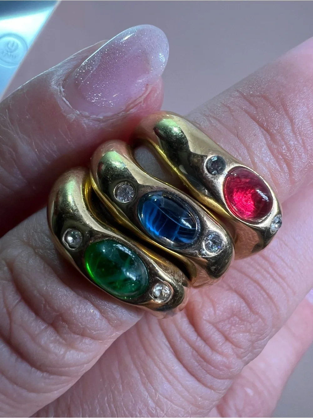 18K gold electroplate Trio Multi-Stone Cocktail Rings - Red Blue Green